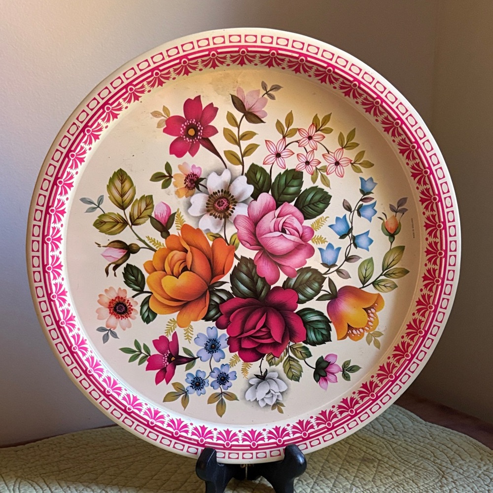 Floral Decorative Metal Vintage Tray with Pink Border. Made in England.